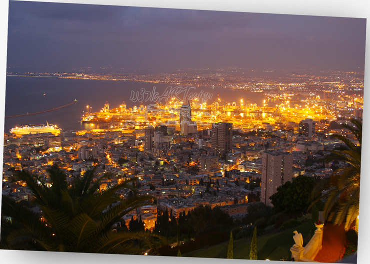 ISRAEL ART~Dusk over lit up Haifa Seaport~